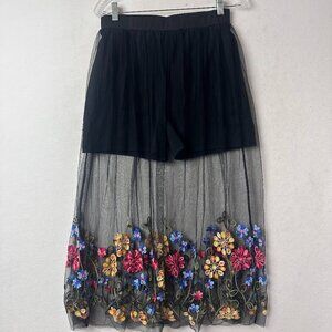 shorts black with mesh sheer embroidered floral overlay sz L fairygoth whimisgot